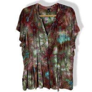 Hand crafted tie dye eyelet blouse 2X burgundy turquoise